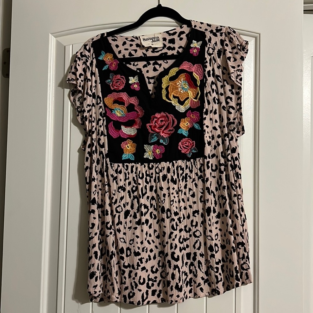 Savanna Jane Flutter sleeve embroidered top 2X